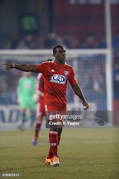 Hendry Thomas of FC Dallas reacts during the game against the Montreal Impact at Toyota Stadium on March 8, 2014 in Frisco, Texas.