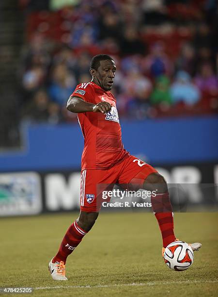 Hendry Thomas of FC Dallas dribbles the ball down field against the Montreal Impact at Toyota Stadium on March 8, 2014 in Frisco, Texas.