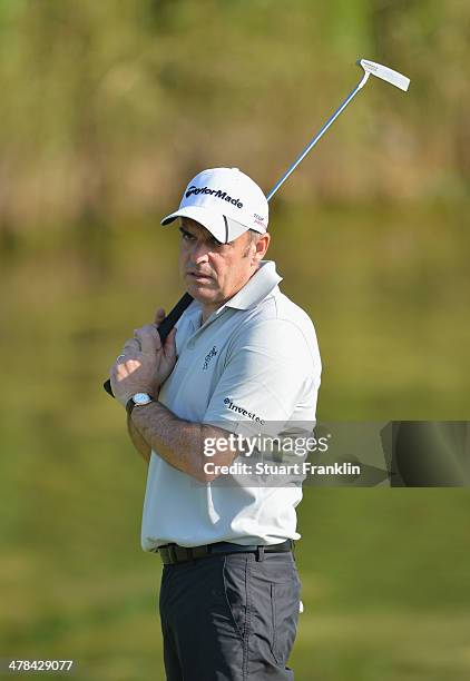 Paul McGinley of Ireland reacts to a putt during the first round of the Trophee du Hassan II Golf at Golf du Palais Royal on March 13, 2014 in...