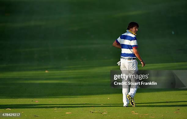 Robert Jan Derksen of The Netherlands looks back during the first round of the Trophee du Hassan II Golf at Golf du Palais Royal on March 13, 2014 in...