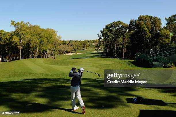 Holmes hits a tee shot on the first hole during the first round of the Valspar Championsihp at Innisbrook Resort and Golf Club on March 13, 2014 in...