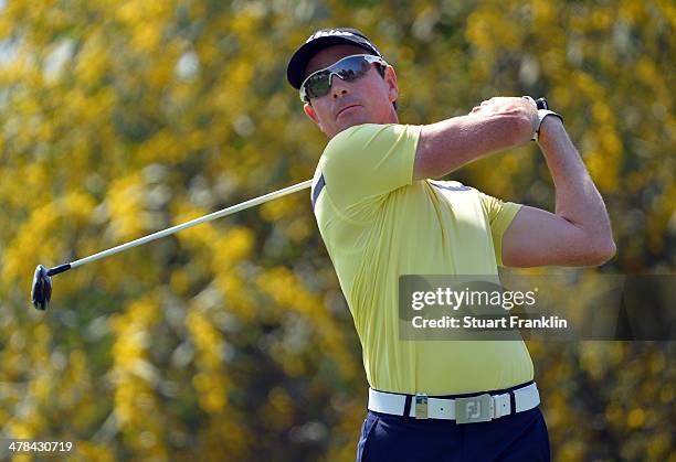 Brett Rumford of Australia plays a shot during the first round of the Trophee du Hassan II Golf at Golf du Palais Royal on March 13, 2014 in Agadir,...