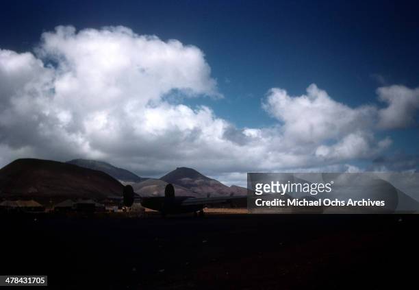 View of planes on the US Air Force base on Ascension Island a British Overseas Territory. A joint US Air Force base and Royal Air Force base.