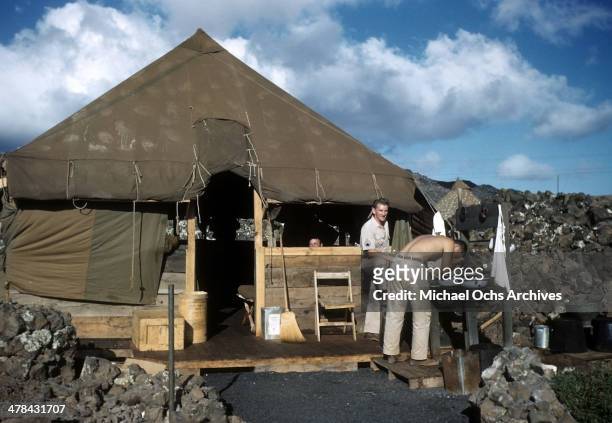 Servicemen wash up on the US Air Force base on Ascension Island a British Overseas Territory. A joint US Air Force base and Royal Air Force base.