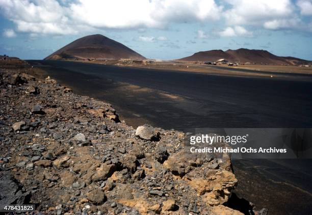 View of the runway at the US Air Force base on Ascension Island a British Overseas Territory. A joint US Air Force base and Royal Air Force base.