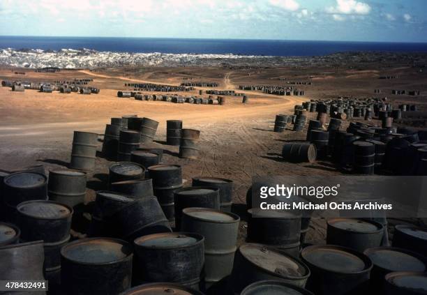 View of military drum barrels at the US Air Force base on Ascension Island a British Overseas Territory. A joint US Air Force base and Royal Air...