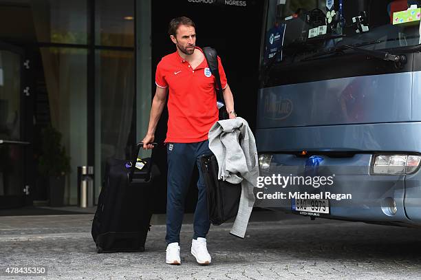 England U21 manager Gareth Southgate looks on as the England squad depart the Czech Republic after elimination from the UEFA Under21 European...