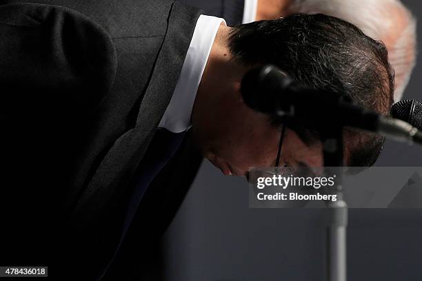 Shigehisa Takada, chairman and president of Takata Corp., bows during a news conference in Tokyo, Japan, on Thursday, June 25, 2015. Takada made his...