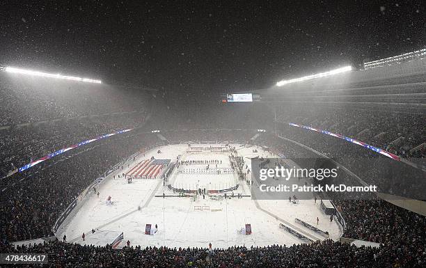 General view during the National Anthem in the 2014 NHL Stadium Series game between the Pittsburgh Penguins and the Chicago Blackhawks on March 1,...