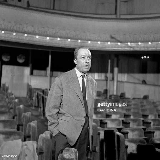 Albert Camus, in the room of the Theater Antoine during the shooting of the program ""Close-up"" dedicated to the rehearsals of his play ""The...