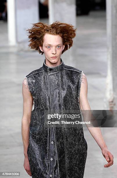 Model walks the runway during the Rick Owens Menswear Spring/Summer 2016 show as part of Paris Fashion Week on June 25, 2015 in Paris, France.