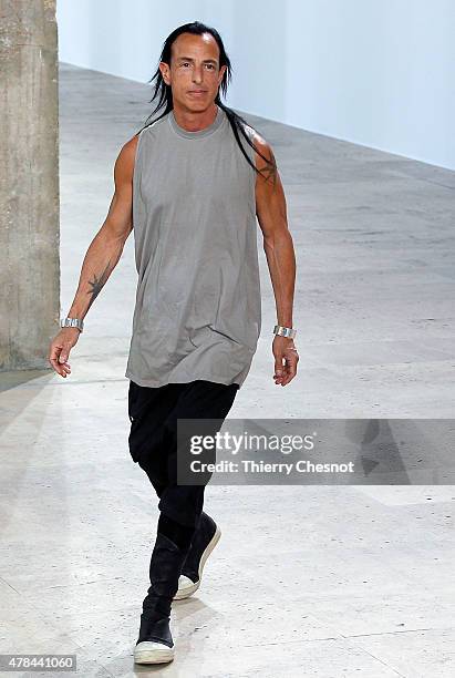 Designer Rick Owen walks the runway during the Rick Owens Menswear Spring/Summer 2016 show as part of Paris Fashion Week on June 25, 2015 in Paris,...