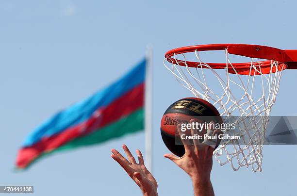 Detail view of the ball and basket with the flag of Azerbaijan during the Men's 3x3 Basketball round of 16 knockout stage during day thirteen of the...