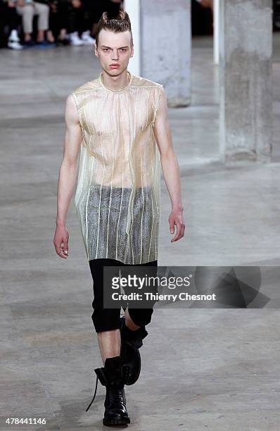 Model walks the runway during the Rick Owens Menswear Spring/Summer 2016 show as part of Paris Fashion Week on June 25, 2015 in Paris, France.