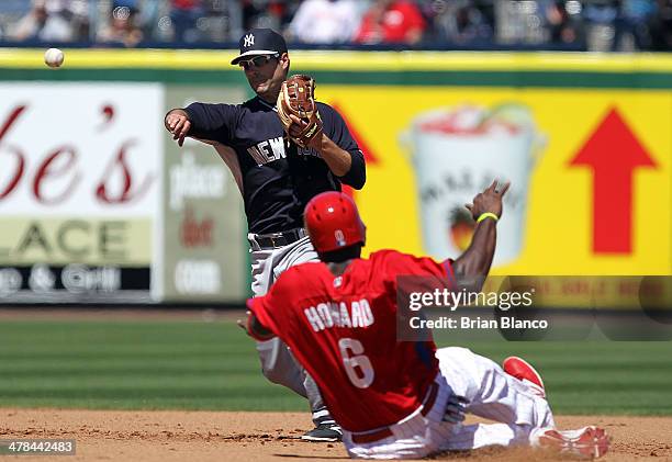 Scott Sizemore of the New York Yankees gets the out on Ryan Howard of the Philadelphia Phillies at 2nd base then turns the double play during the 3rd...