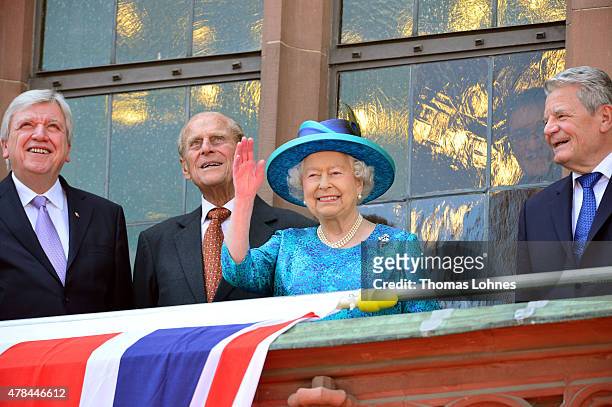 Hessian Prime Minister Volker Bouffier, Prince Philip, Duke of Edingburgh, Queen Elizabeth II and German President Joachim Gauck are seen on the...
