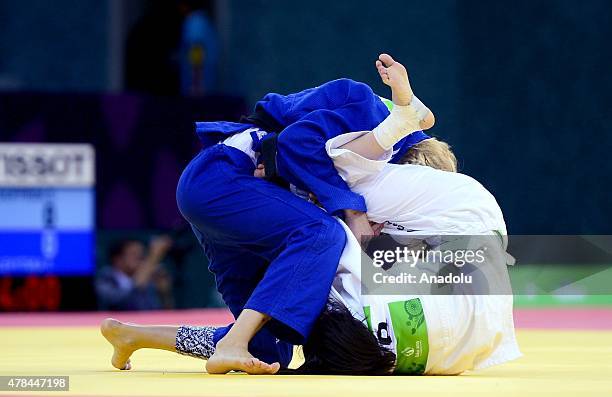 Ebru Sahin of Turkey and Maryna Cherniak of Ukraine compete in the Women's Judo -48kg semifinals during the Baku 2015 European Games at the Heydar...