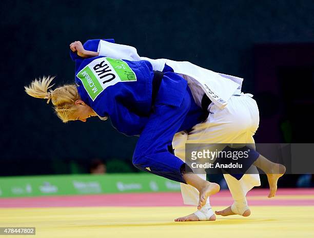 Ebru Sahin of Turkey and Maryna Cherniak of Ukraine compete in the Women's Judo -48kg semifinals during the Baku 2015 European Games at the Heydar...