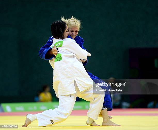 Ebru Sahin of Turkey and Maryna Cherniak of Ukraine compete in the Women's Judo -48kg semifinals during the Baku 2015 European Games at the Heydar...