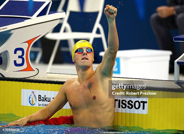 Sebastian Steffan of Austria celebrates winning gold during the Men's 200m Individual Medley final during day thirteen of the Baku 2015 European...