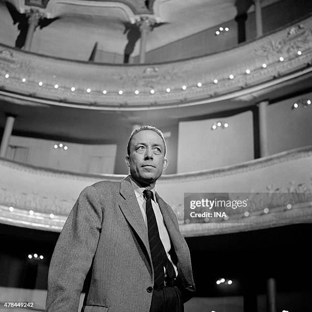 Albert Camus, to the Theater Antoine during the shooting of the program ""Close-up"", during the rehearsals of his play ""The persons possessed"",...