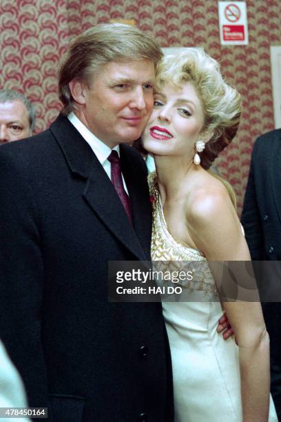 Billionaire Donald Trump poses on April 7, 1993 with Marla Maples as they confirm published reports that the actress is pregnant with his child. The...