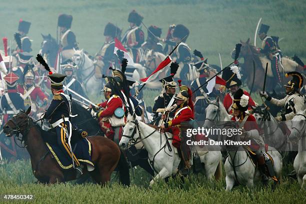 Historical re-enactors take part in the first part of a large scale re-enactment of the battle of Waterloo, to mark it's bicentenary on June 19, 2015...