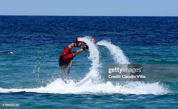 Stephan El Shaarawy performs with a flyboard on June 25, 2015 in Porto Cervo, Italy.