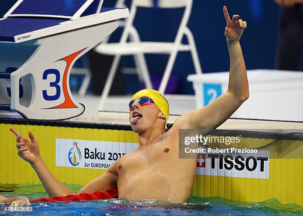 Sebastian Steffan of Austria celebrates winning gold during the Men's 200m Individual Medley final during day thirteen of the Baku 2015 European...