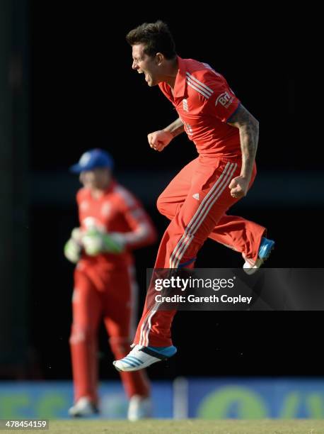 Jade Dernbach of England celebrates winning the 3rd T20 International match between the West Indies and England at Kensington Oval on March 13, 2014...