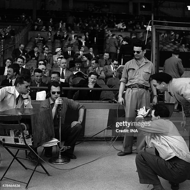 Georges De Caunes, Pierre Sabbagh and the team of the RTF in the Parc des Princes for the television broadcast of the rugby match in XIII bringing...