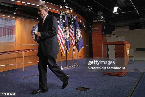 Speaker of the House John Boehner leaves his weekly news conference at the U.S. Capitol June 25, 2015 in Washington, DC. Boehner said that if the...