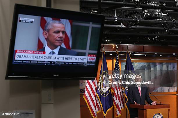 Speaker of the House John Boehner holds his weekly news conference at the same time President Barack Obama appears on television to make a statement...