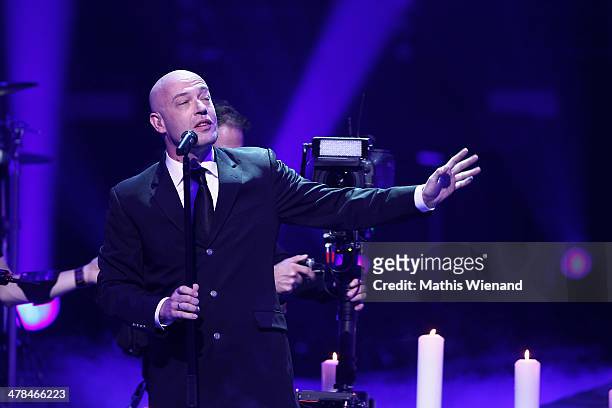 Unheilig performs during the TV Show 'Eurovision Song Contest - Unser Song fuer Daenemark 2014' at Lanxess Arena on March 13, 2014 in Cologne,...