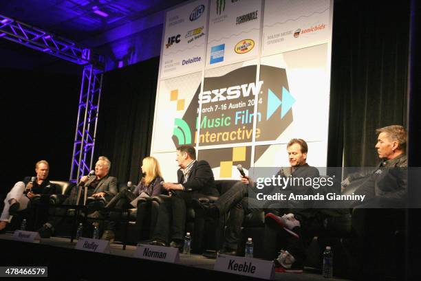 Author Lori Majewski and musicians Gary Kemp, Martin Kemp, Tony Hadley, Steve Norman and John Keeble of Spandau Ballet speak onstage at SXSW...