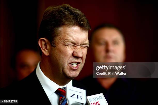 David Cunliffe talks to the media following a speech at the Pullman Hotel on March 14, 2014 in Auckland, New Zealand. Labour Leader David Cunliffe...