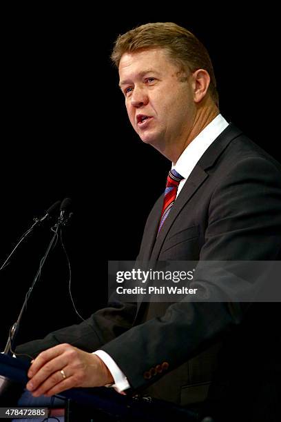 David Cunliffe makes a speech at the Pullman Hotel on March 14, 2014 in Auckland, New Zealand. Labour Leader David Cunliffe was speaking to the New...