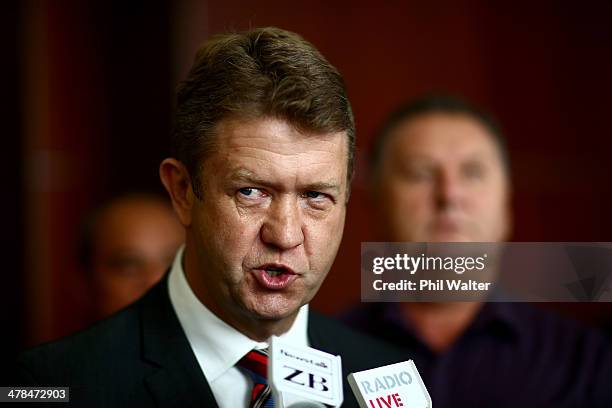 David Cunliffe talks to the media following a speech at the Pullman Hotel on March 14, 2014 in Auckland, New Zealand. Labour Leader David Cunliffe...