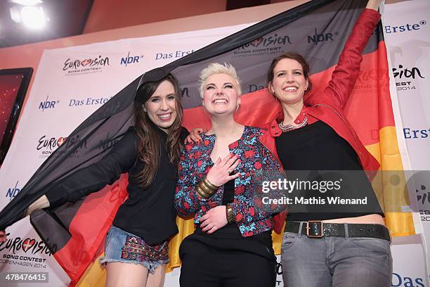 Elaiza celebrate after the TV Show 'Eurovision Song Contest - Unser Song fuer Daenemark 2014' at Lanxess Arena on March 13, 2014 in Cologne, Germany....