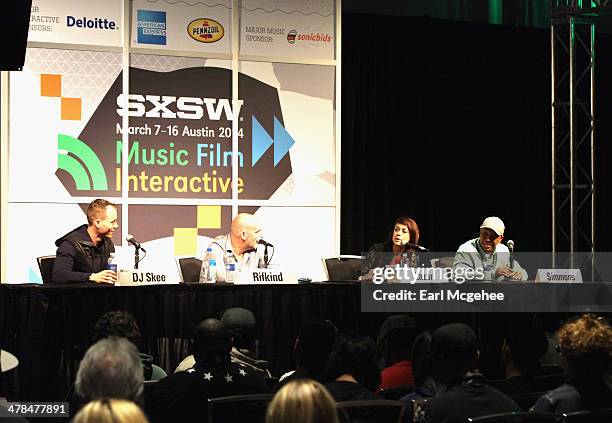 Skee, Steve Rifkind, TV personality Shira Lazar and Russell Simmons speak onstage at "YouTube - New Breeding Ground for Music's Future" during the...