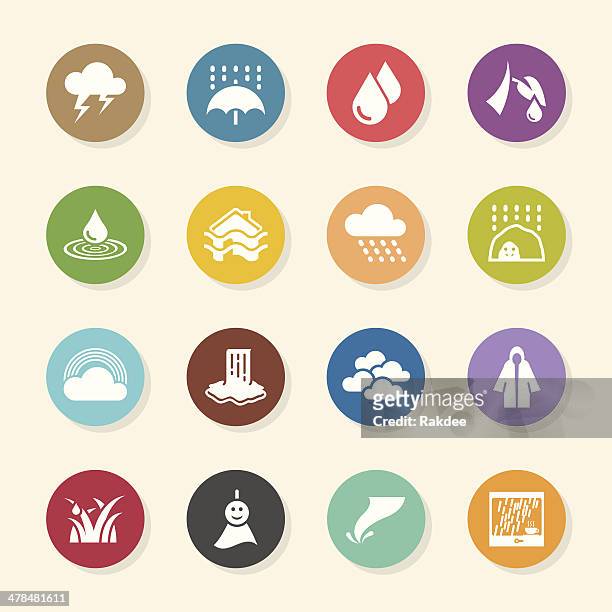 rains season icons - color circle series - waterproof clothing stock illustrations