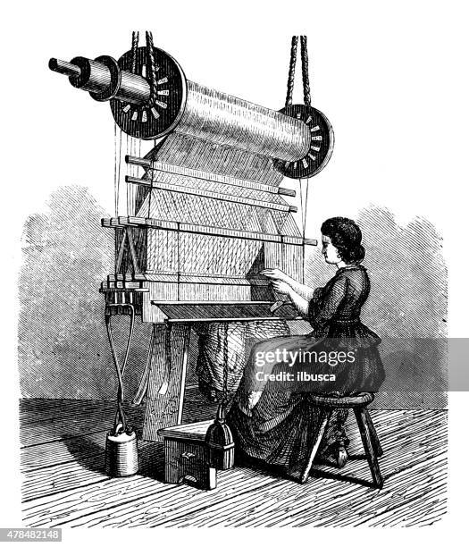 antique illustration of machinery used in textile/tapestry industry - loom stock illustrations