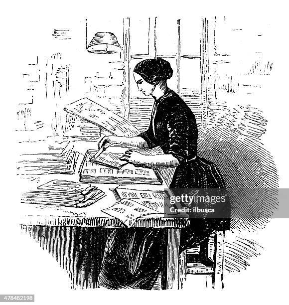 antique illustration of book production, printing press, typography - book printing press stock illustrations