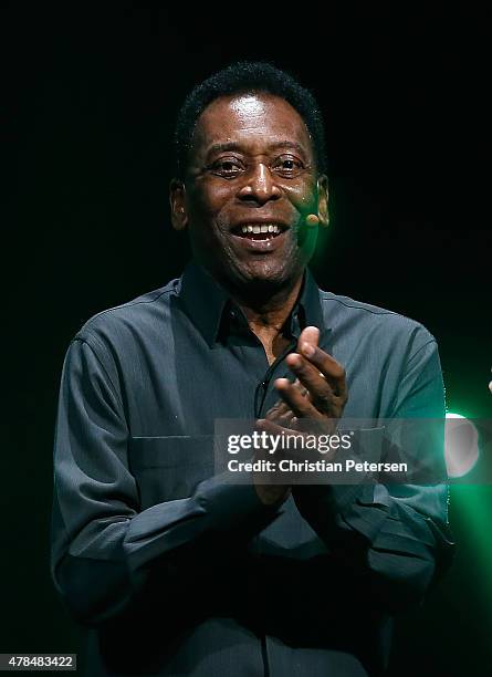 Retired Brazilian professional footballer, Pele speaks during the Electronic Arts E3 press conference at the LA Sports Arena on June 15, 2015 in Los...