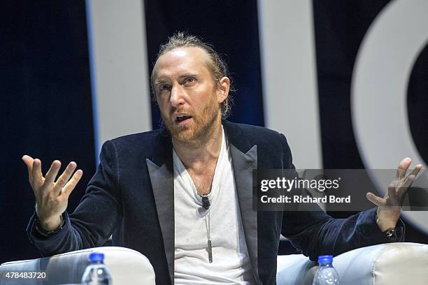 David Guetta speaks on stage during the Publicis seminar as part of the Cannes Lions International Festival of Creativity on June 25, 2015 in Cannes,...