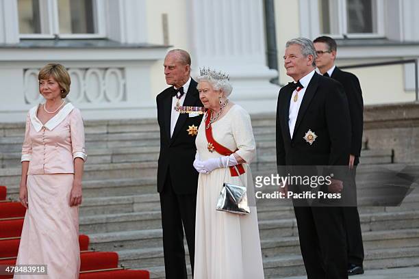 German President Joachim Gauck and Daniela Schadt invites the Queen Elizabeth II and Prince Philip to the State banquet in Schloss Bellevue in Berlin.