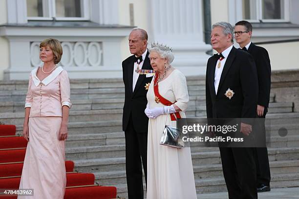 German President Joachim Gauck and Daniela Schadt invites the Queen Elizabeth II and Prince Philip to the State banquet in Schloss Bellevue in Berlin.