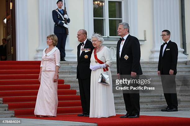 German President Joachim Gauck and Daniela Schadt invites the Queen Elizabeth II and Prince Philip to the State banquet in Schloss Bellevue in Berlin.