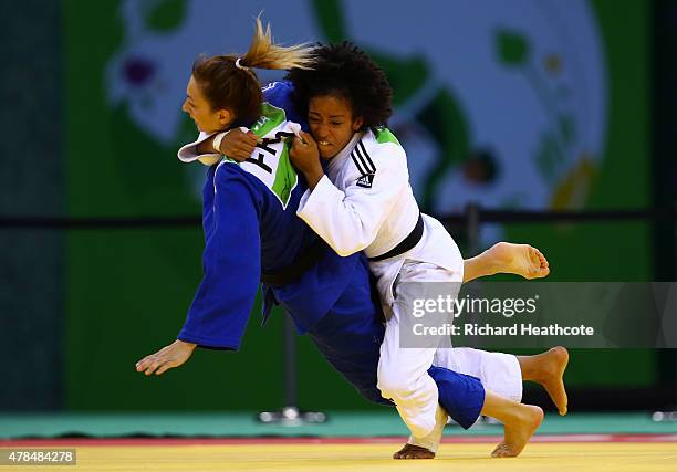 Miryam Roper of Germany and Automne Pavia of France compete in the Women's Judo -57kg Bronze Final during day thirteen of the Baku 2015 European...