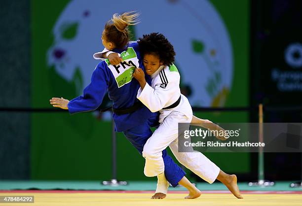 Miryam Roper of Germany and Automne Pavia of France compete in the Women's Judo -57kg Bronze Final during day thirteen of the Baku 2015 European...